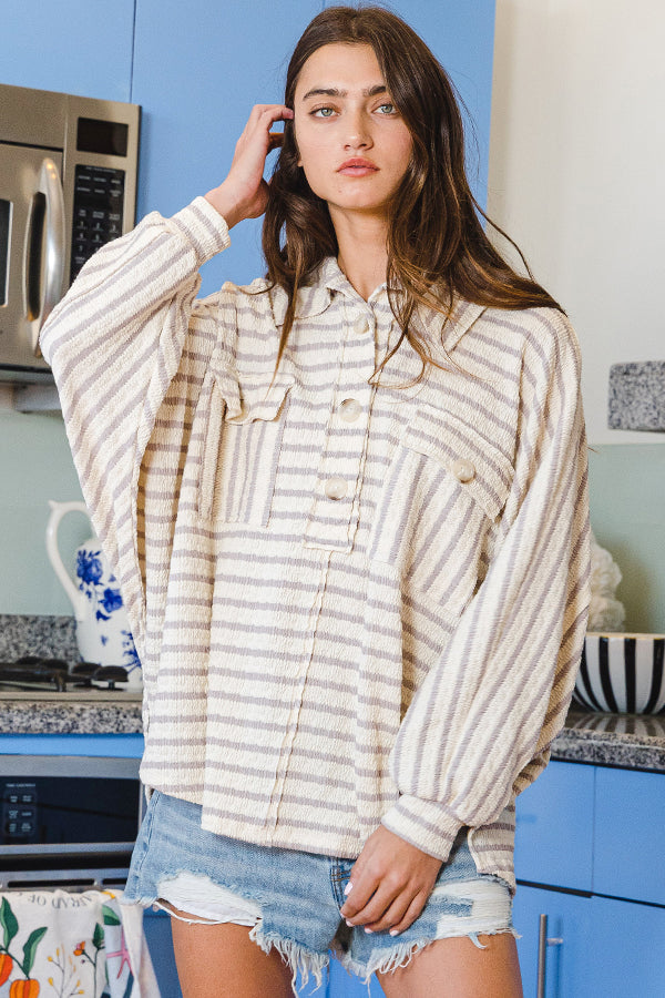 Sal Striped Pullover Henley Top Taupe