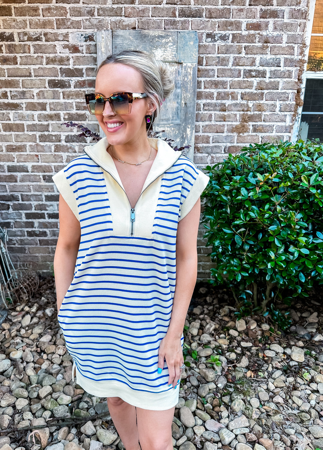Shaine Cream/Blue Stripe Zip Dress