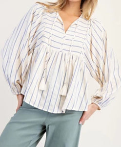 Tie Front Blue Striped Blouse