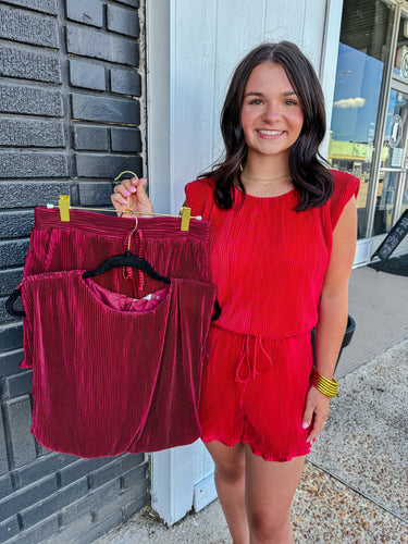 Pleated Shimmer Shorts Set Maroon