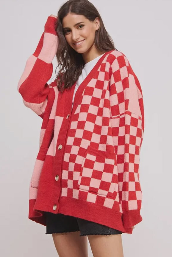 Pink/Red Check Cardigan