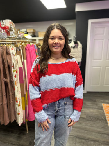 Denim/Red Long Sleeve Sweater