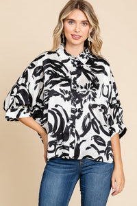 Black White Satin Abstract Button Front Top