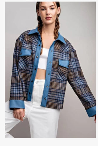 Blue Leather Plaid Jacket