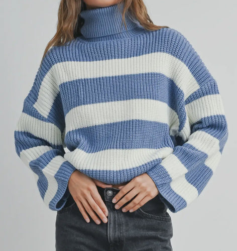 Denim Blue Striped Turtleneck Sweater