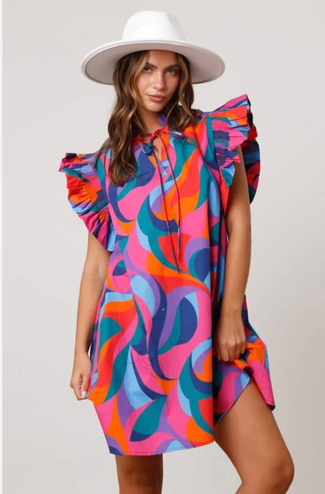Lila Poplin Abstract Pleated Sleeve Dress