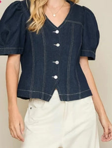 Denim V Neck Button Down Top