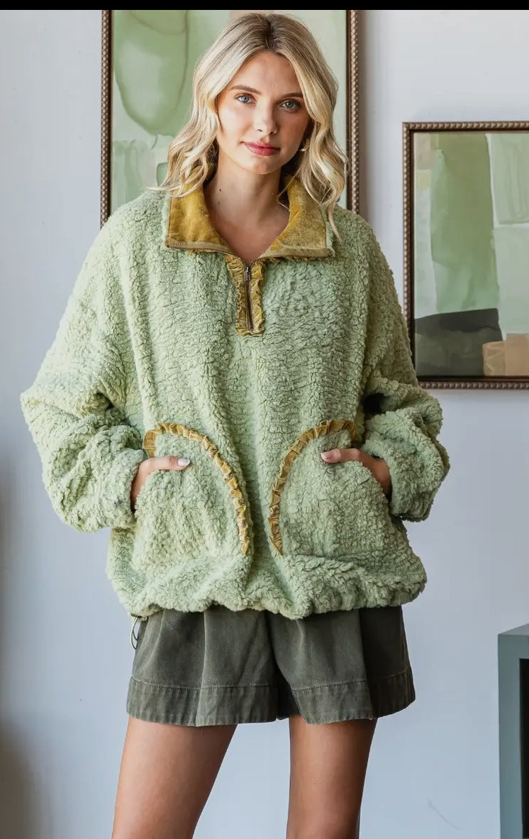 Sage Sherpa Velvet Detail Pullover