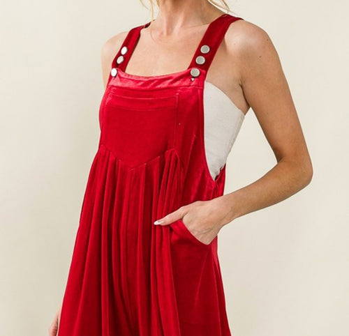 Red Wide Leg Velvet Overalls