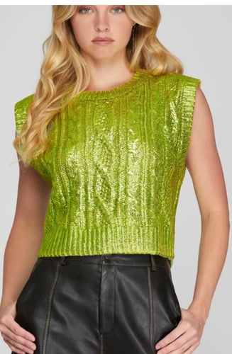 Metallic Foil Sweater Top Lime