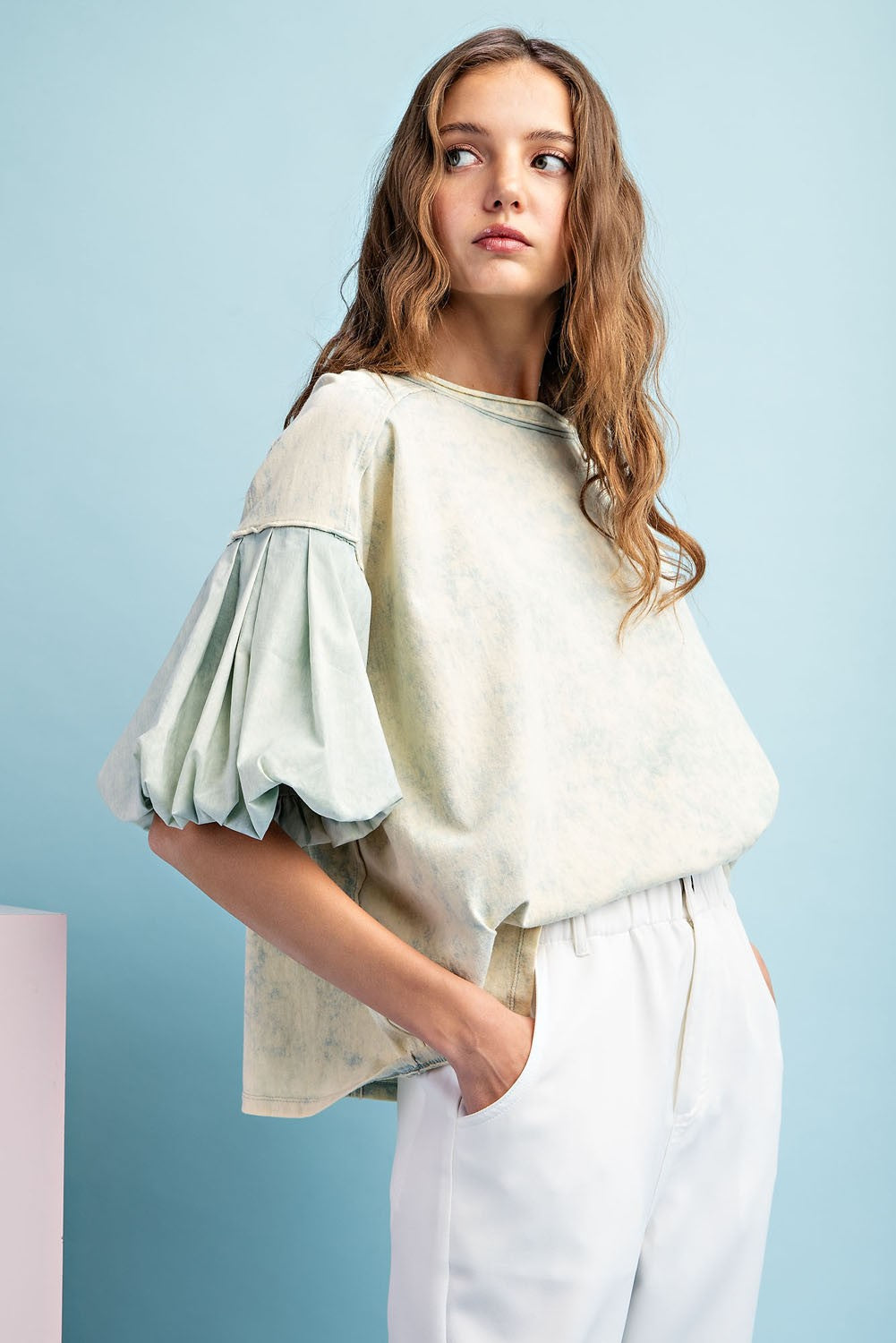 Mint Puff Sleeve Washed Top
